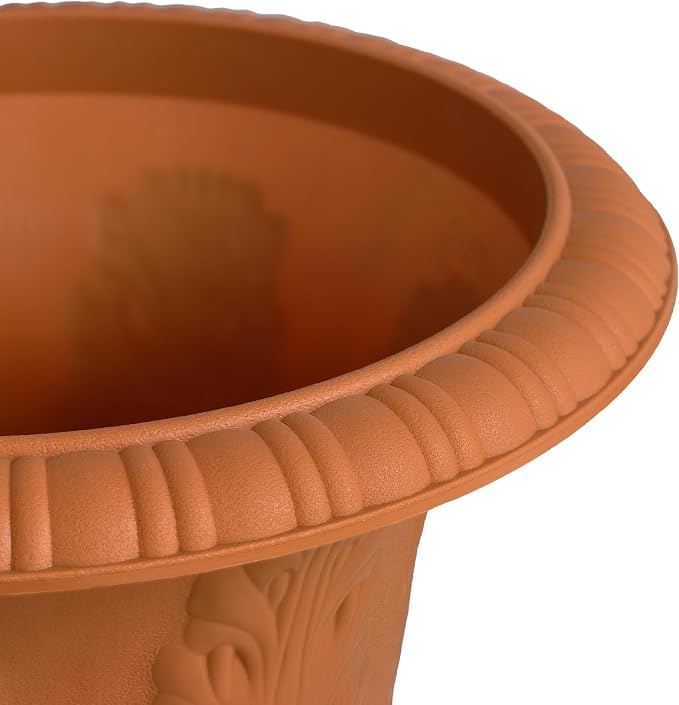 Set of 2 Goblet-Shaped Plastic Planter Urns, Terracotta, Dia 14.6" Large | OUMUHE elegant plastic flower pots with secure buckle base & porous drainage for outdoor porch plants, 16" H × 14.5" D