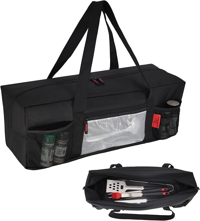 24" BBQ Tool Storage Bag with Pockets, Grill Tool Organizer- Heavy-Duty Storage Bag Waterproof 600D Oxford, Folding Design Gift for Camping, Tailgates, Outdoor BBQ Parties (24" Lx8 Wx8 H)