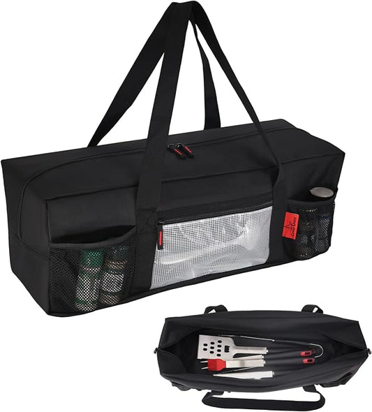 24" BBQ Tool Storage Bag with Pockets, Grill Tool Organizer- Heavy-Duty Storage Bag Waterproof 600D Oxford, Folding Design Gift for Camping, Tailgates, Outdoor BBQ Parties (24" Lx8 Wx8 H)