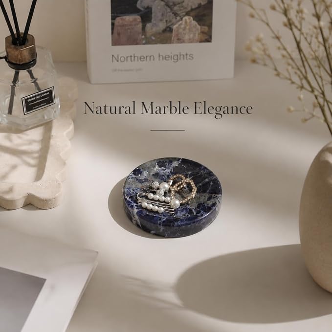 Koville Marble Jewelry Dish, Small Round Trinket Dish for Ring Necklace Earring, 4" Decorative Dish, Natural Stone Soap Dish for Bathroom Kitchen