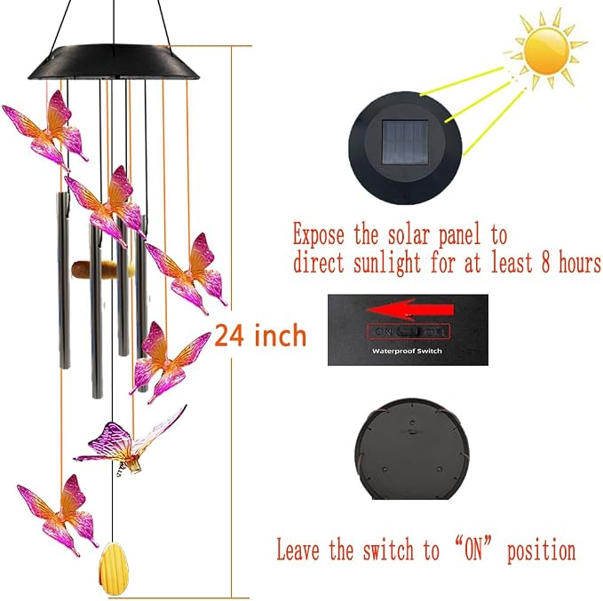 Solar Butterfly Wind Chime | Hanging Solar Decorative Lights Outdoor for Garden Porch Balcony, Birthday Gifts for Women, Moms, and Grandmothers