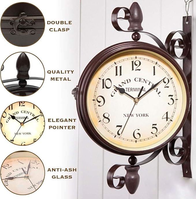 Vintage Double Sided Wall Clock Vintage Industrial Wall Clock for Outdoor Decorative Art Antique Decor Office Kitchen Silent Watches 360 Degree Rotate Antique