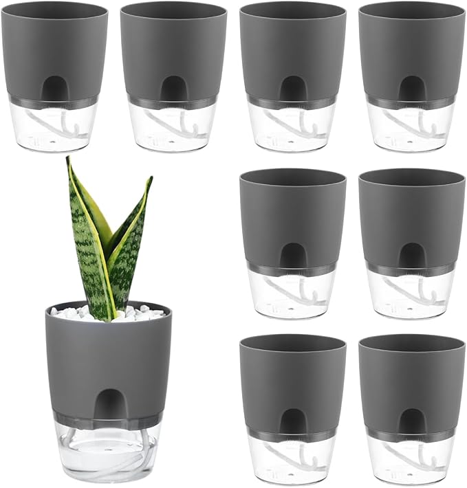 8 Pack Self Watering Pots for Indoor Plants, PlanterHoma 3.2 Inch Plant Pot Plastic Self Watering Planter for Orchid, African Violet, Mini Clear Flower Pots with Drainage Holes and Wicking Rope, Grey