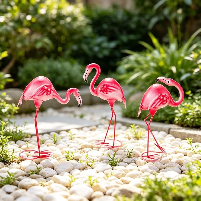 3Pcs Pink Flamingo Yard Decor 15" Metal Yard Art Outdoor Sculptures | Garden Statues for Outside Lawn Ornament Home Patio Backyard Décor Porch Pool Deck Decorations Set Of 3 Tropical Present
