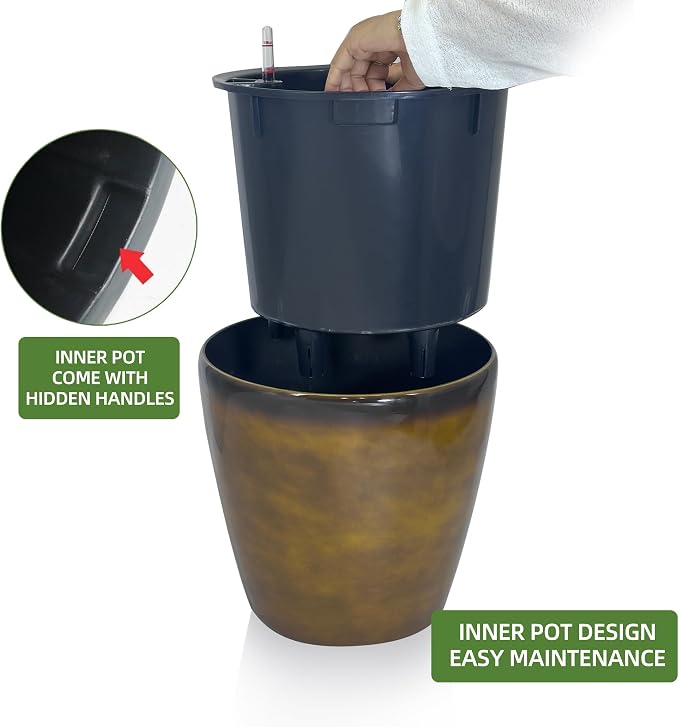 Dexceder 15x14 Self Watering Planter with Wheels (Yellow Brown Gradient) | Inner Pot Design, Thickened Large Floor Standing Flower Plant Pot with Water Level Indicator Indoor Outdoor