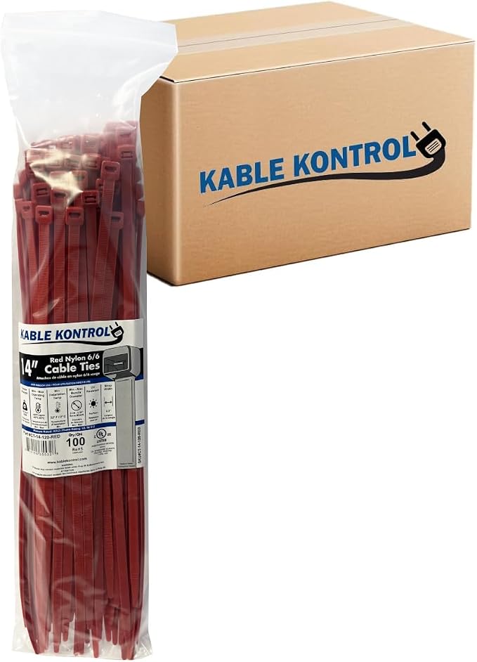 Kable Kontrol Red Zip Ties Bulk Pack 14 Inch 3500 Pcs, 120 Lbs Tensile Strength, Self-locking Nylon Colored Cable Ties Wire Wraps for Indoor or Outdoor Use