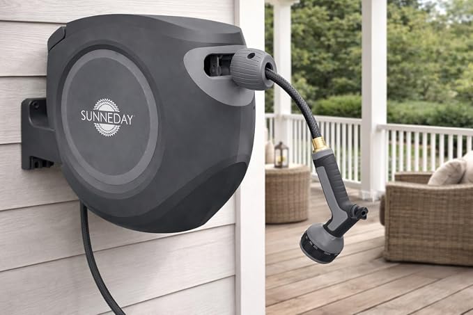 Sunneday SW-30S 100ft Retractable Hose Reel 5/8 | Automatic Retractable w/Wall Mount | Easy to Assemble Reel w/Flexible Swivel Mount (100FT 1/2)
