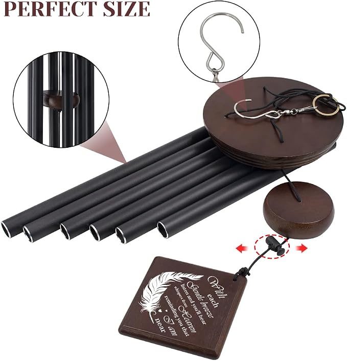 ASTARIN Memorial Wind Chimes for Outside, Sympathy Gift for Loss of Loved One, 28.3 Inch Black Aluminum Wind Chime with Pine Wood and Double-Sided Printed Wind Sail