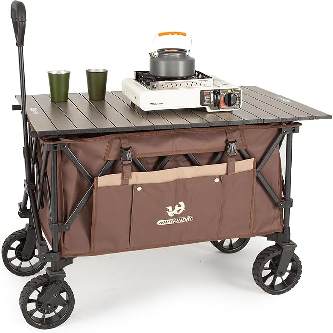 Whitsunday Folding Collapsible Utility Wagon, Heavy Duty Outdoor Park Beach Wagon with Table and Side Pocket for Camping Sports Shopping Brown