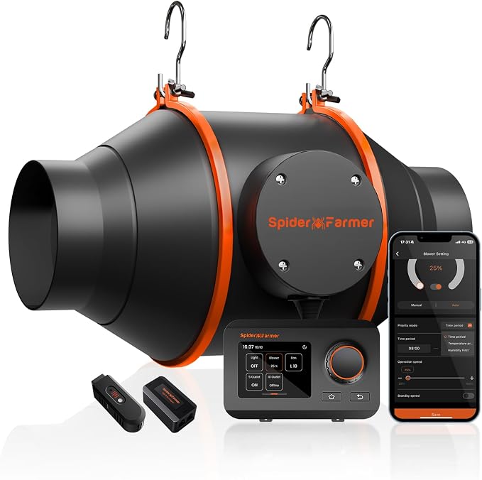 Spider Farmer 4 Inch Inline Duct Fan with Temp Humidity Controller, 205 CFM | Includes GGS controller, exhaust fan for grow tents, heating cooling booster, and hydroponics ventilation