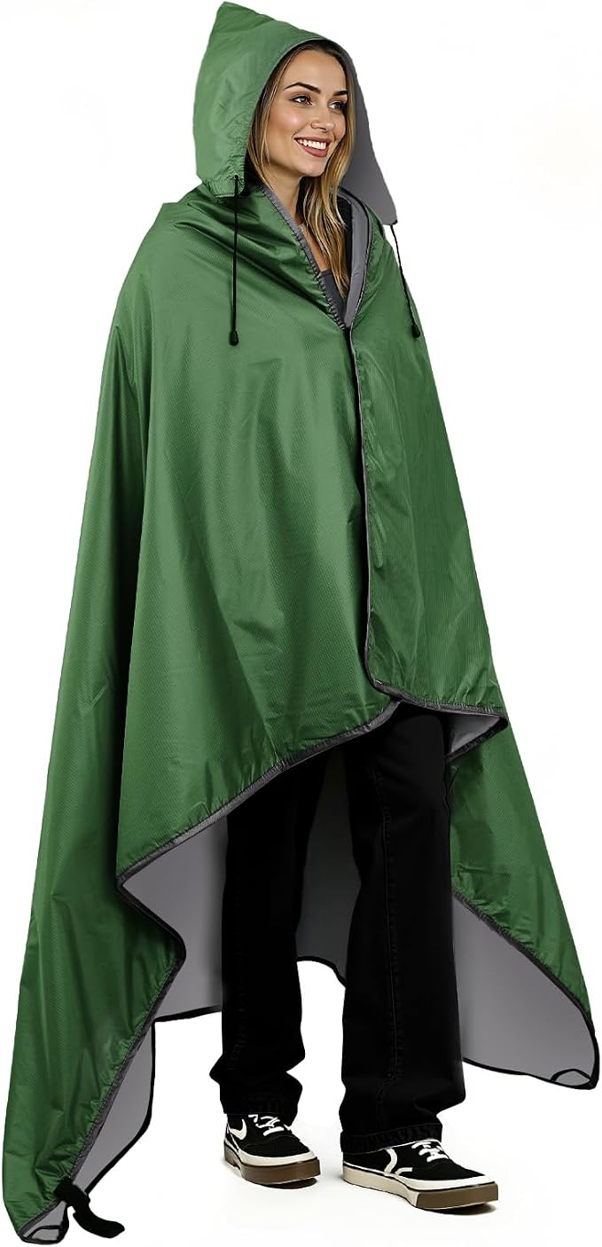 Large Waterproof Outdoor Picnic Blanket 80"x 58" | Windproof Lightweight Stadium Blanket, Packable, Stay Dry and Comfortable for Camping, Sports, Travel - Green Hooded