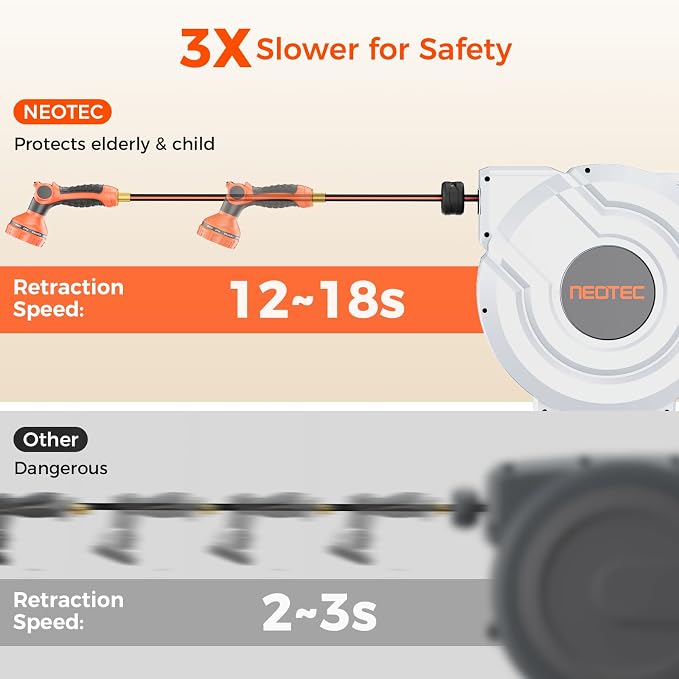 Upgraded Retractable Garden Hose Reel 1/2 inch x 130 ft Wall-Mounted 9 Pattern Nozzle Any Length Lock Automatic Slow Return 180° Swivel UV Resistant Heavy Duty Hose Reels for Outside
