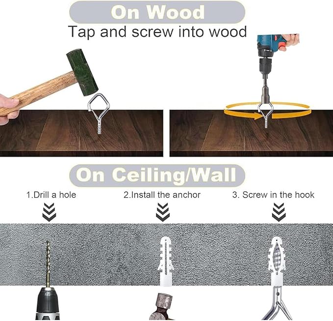 12-Pack Heavy-Duty Silver Screw Eye Hooks with Safety Clips | Metal Ceiling Hooks for Hanging Plants, Wind Chimes, Bird Feeders & Indoor/Outdoor Lights