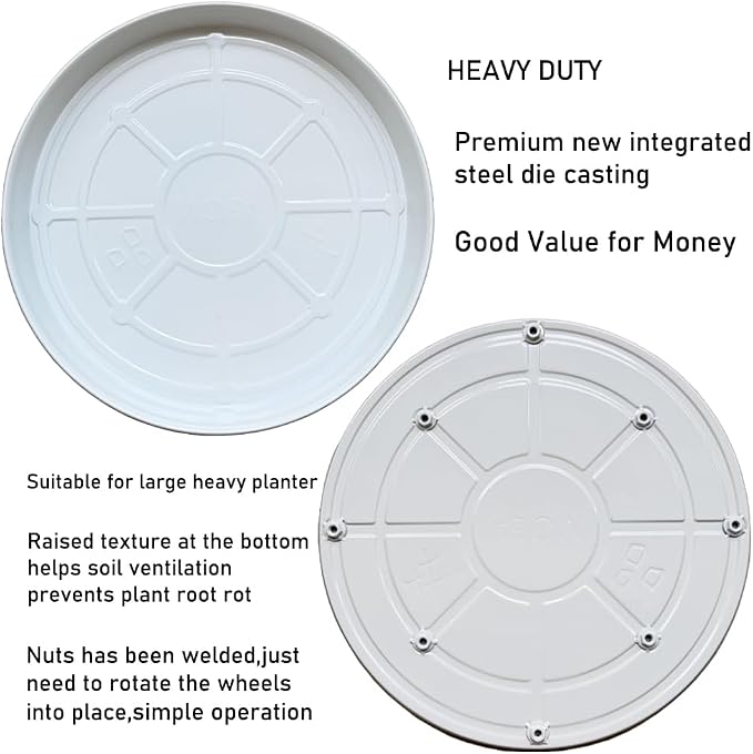 Rolling Planter Caddy(430lbs Capacity), Heavy Duty Metal Plant Stand with Brake Wheels Plant Dolly Mover Plant Pot Tray Saucer for Indoor Outdoor 16 Inches White 2Pack