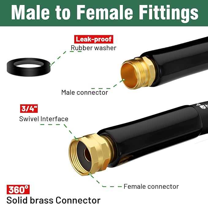 Beitopamz Garden Hose 50 ft x 5/8 in Heavy Duty Water Hose, Flexible and Durable, Lightweight Rubber Hybrid Hose, Leak-Free Connections, Male to Female 3/4'' Brass Fittings for Patio, Lawn, Black