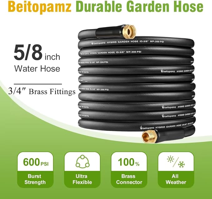 Beitopamz Short Garden Hose 5 ft x 5/8" Female to Female, Heavy Duty Small Water Hose Extender Connector, Leak-Free Connections Hybrid Rubber Leader Hose with 3/4" Double GHT Fittings, Black