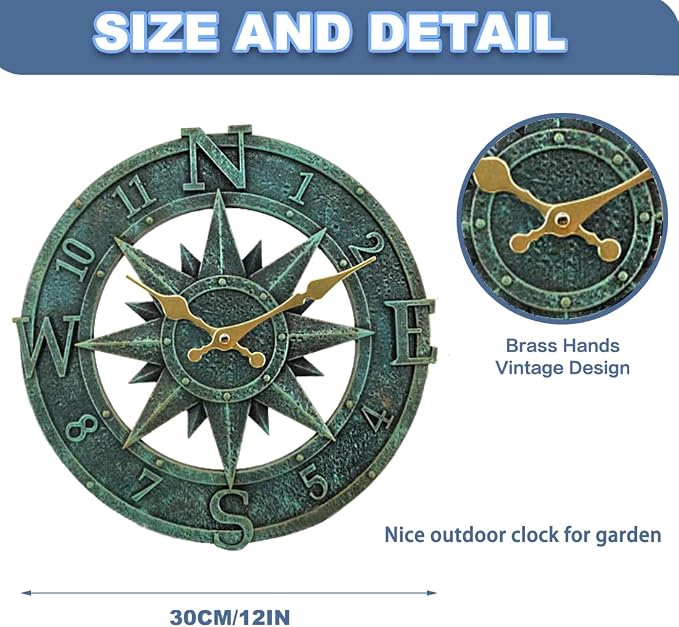 Outdoor Wall Clock 12in Garden Clock Waterproof Clocks Kitchen Home Clock for Garden, Patio and Deck -Not Silent (Turquoise-B)