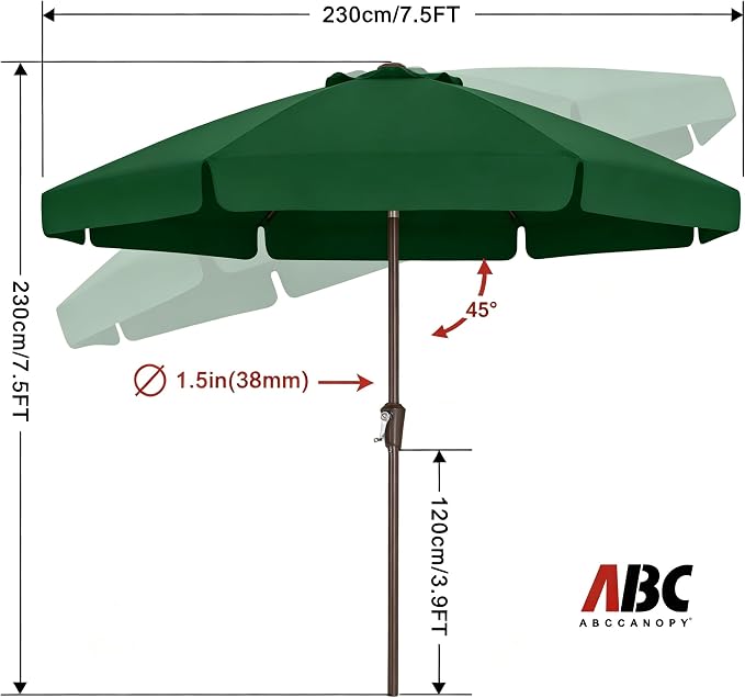 ABCCANOPY 7.5ft Scalloped Patio Umbrella, Outdoor Table Umbrella with Tilt and Crank, Fiberglass Ribs Deck Umbrella for Patio, Pool, Garden, Picnic (Green)