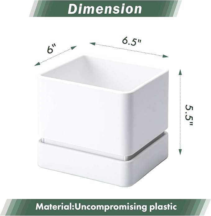 D'vine Dev 6 Inch Herb Planter Pot, Plastic Planter with Drainage Holes and Saucer, Modern Decorative Gardening Pot for Indoor Plants, Flowers, Herbs, Succulents, White, Set of 3, 76-Y-A3-2