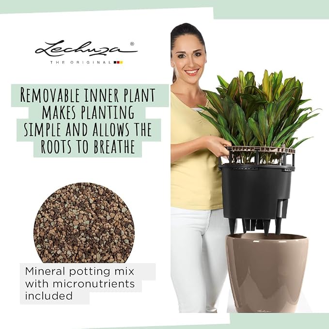 Lechuza Classico LS 35 Shiny Taupe High Gloss, Self-Watering Round Planter, D13.8 H13 in