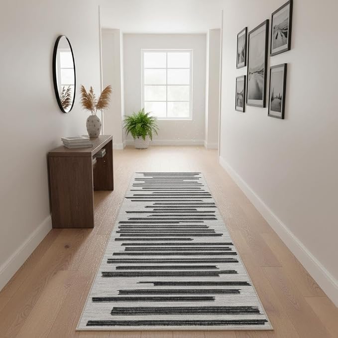 GarveeHome Black Grey 2x6 Runner Rug for Hallway Modern Striped Indoor Carpet