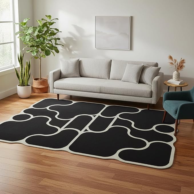 Minimalist Abstract Splicing Pattern Geometric Black Green Asymmetrical Rug 4x6 Faux Wool Thin Non Slip Durable Easy Care Home Deco Irregular Rugs for Living Room Bedroom Dining Room Nursery