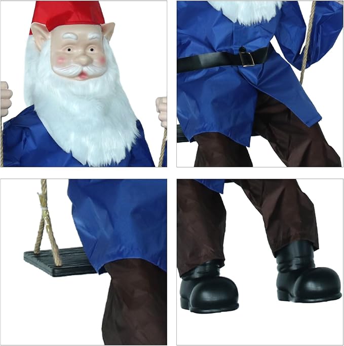 LarpGears Outdoor Spring Gnome Decor with Swing - Waterproof Yard and Garden Decorations, Realistic Hanging Gnome for Patio, Tree, or Yard
