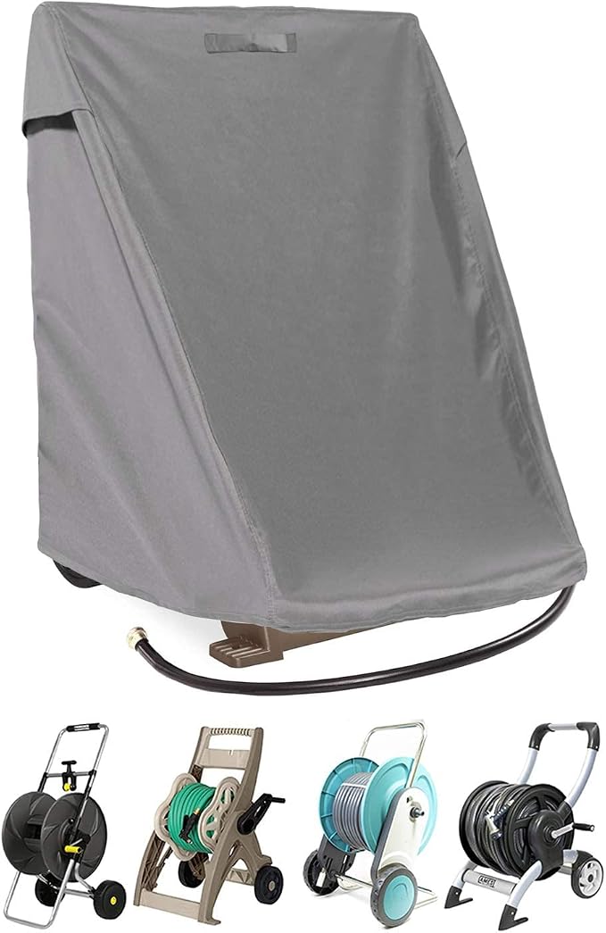 Hose Reel Cart Cover for Outdoor Ventilated Buckle Fit Cover | 420D Oxford fabric UV tear resistant rear hose access dual vents 25.9x24.8x34.6 inch outdoor patio backyard