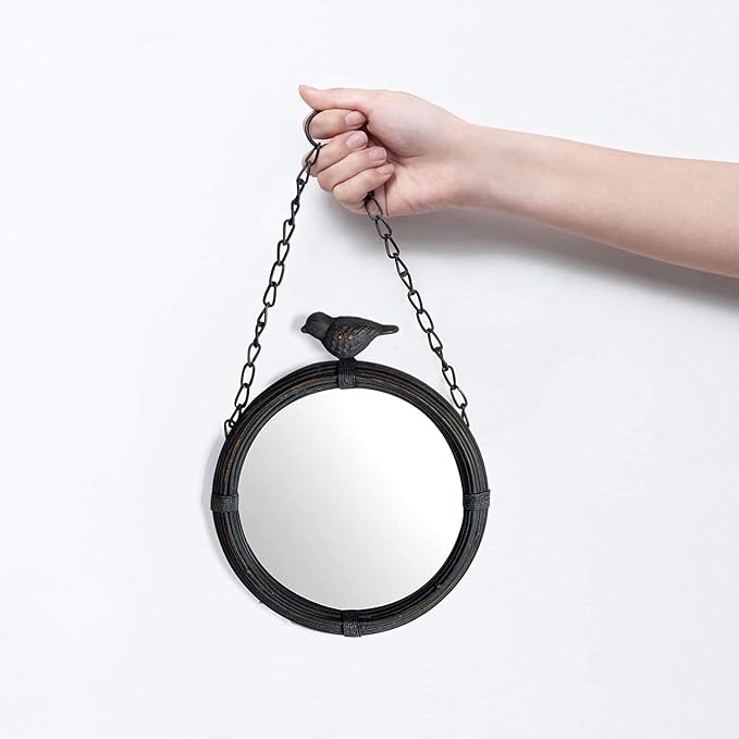 NIKKY HOME Shabby Chic Small Wall Mirrors Decor Decorative Metal Framed Hanging Round Mirror Vintage Rustic with Sparrow for Bathroom Living Room Office, Antiqued Black