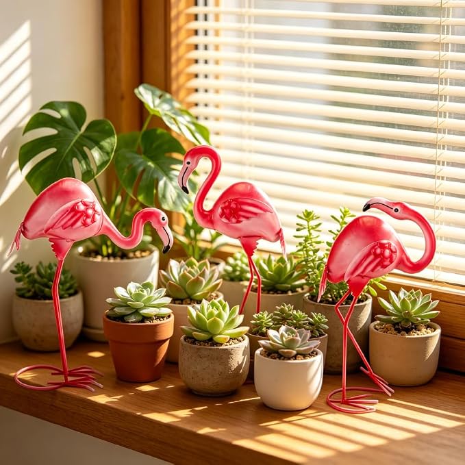 3Pcs Pink Flamingo Yard Decor 15" Metal Yard Art Outdoor Sculptures | Garden Statues for Outside Lawn Ornament Home Patio Backyard Décor Porch Pool Deck Decorations Set Of 3 Tropical Present