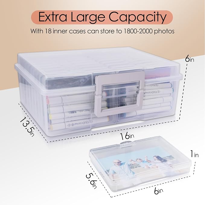 Photo Storage Box 5" x 7", Extra Large Photo Storage Container | 18 Inner Cases, Clear Picture Box with Handle, Seeds Organizer for Pictures, Arts, Crafts, Sewing, Stickers, Office Supplies