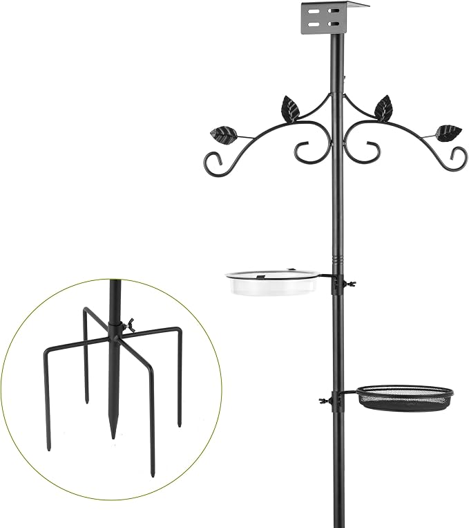 ERYTLLY Bird Feeder Pole Stand, 91 Inch Bird House Pole with 5-Prong Base Shepherds Hook for Hummingbird Feeders, Adjustable Bird Feeder Stand with Water Bowl Metal Mesh Tray for Outdoor Garden Decor