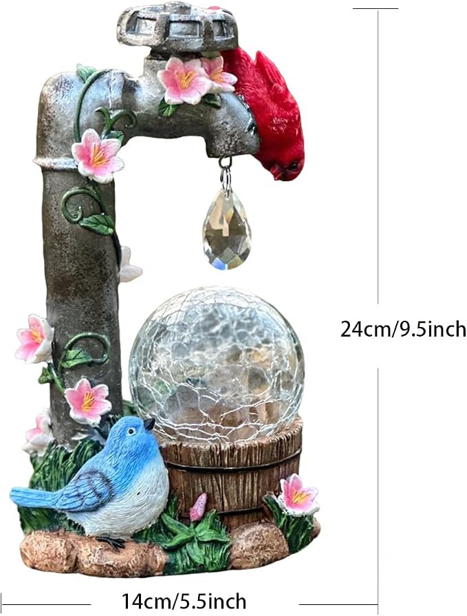 Solar Cardinal Garden Statue Decoration, Water Faucet and Solar Light Glass Ball, Outdoor Resin Garden Statue, Cardinal Gift, Women's Mother's Birthday Gift, Size 9.45 inches
