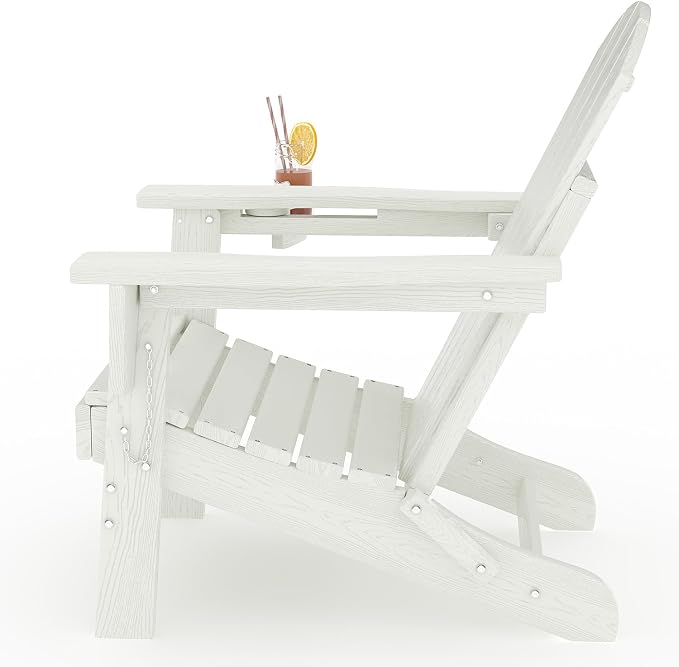 GarveeLife Folding Adirondack Chair, All-Weather HDPE Outdoor Chair, Wooden Textured with Cup Holder for patios, Decks, Gardens, fire pits, White