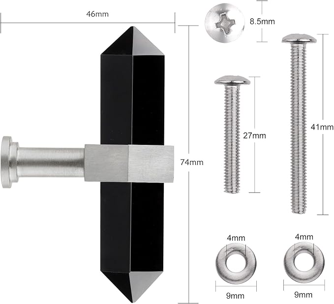 mookaitedecor Set of 2 Black Obsidian Double Crystal Points Drawer Knobs with Screws, Decorative Stone Cabinet Handle Pulls for Dresser Cupboard Kitchen Decor, Brushed Stainless Steel