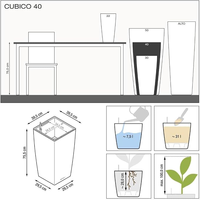 Lechuza CUBICO 40 Black High Gloss, Self-Watering Tall Planter, H29.5 L15.7 W15.7 in