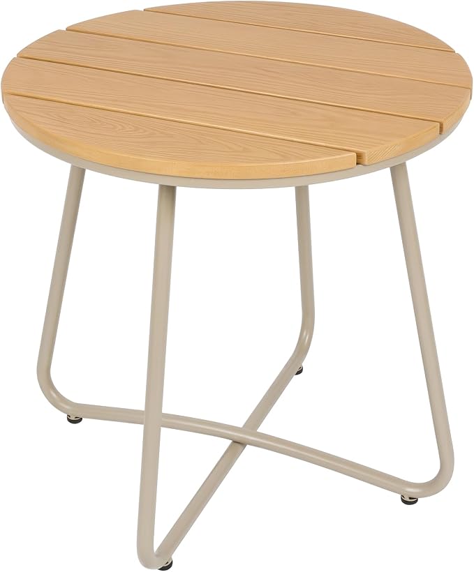 danpinera Outdoor Side Tables, HDPS Patio Table with Metal Legs | 18 Inch Outdoor Small Round Table for Garden, Backyard, Porch, Deck, Balcony, Poolside, Natural