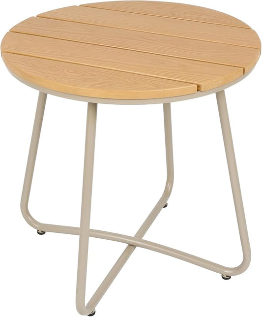 danpinera Outdoor Side Tables, HDPS Patio Table with Metal Legs | 18 Inch Outdoor Small Round Table for Garden, Backyard, Porch, Deck, Balcony, Poolside, Natural