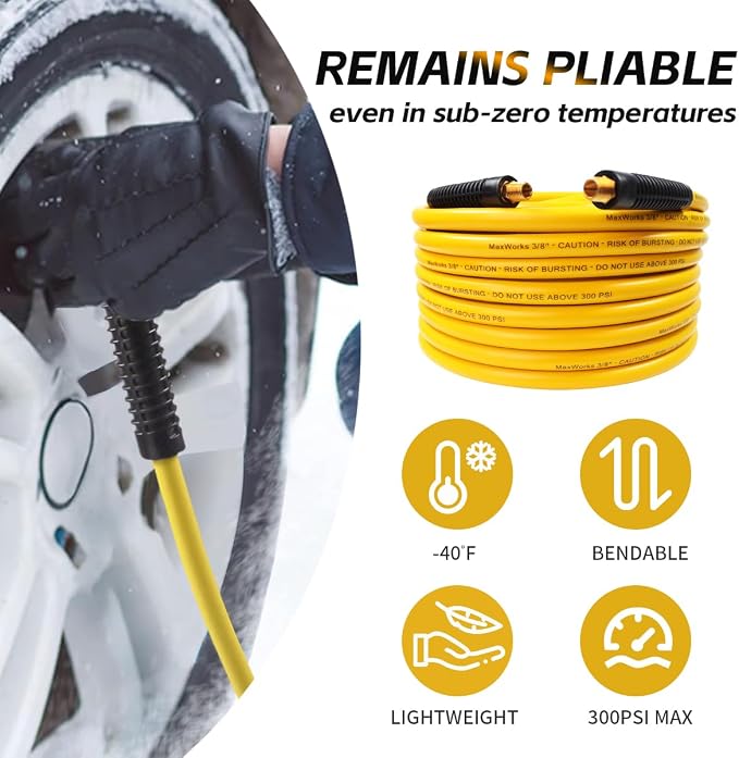 MaxWorks 80789 Lightweight All Weather No-Memory Non-Kinking 300 PSI Maximum Hybrid Polymer Air Hose, 3/8" x 100' , Yellow