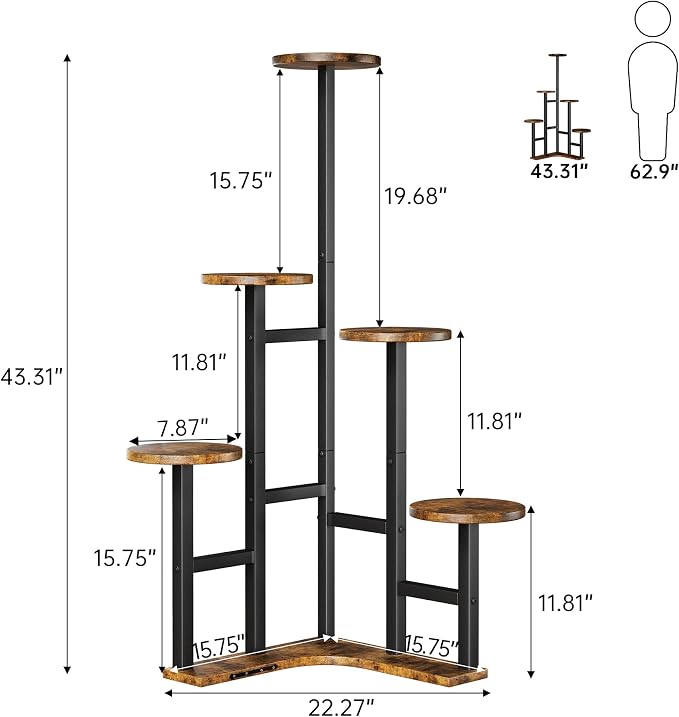 Yzosvki Corner Plant Stand Indoor with Grow Lights, 6 Tiered Corner Plant Shelf Flower Stand for Multiple Plants, Plant Shelves Organizer Rack for Living Room, Balcony, Patio, Round Rustic Brown