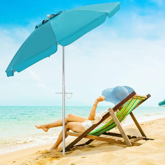Tangkula 6.5ft Outdoor Beach Umbrella with Sand Anchor, Patio Umbrella with Push Button Tilt & UPF 50+ Protection, Portable Sunshade Umbrella with Carry Bag for Garden Beach Outdoor (Blue)