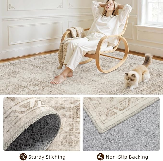 Round Area Rug Living Room: 8ft Neutral Washable Carpet Rug Brown | Vintage Boho Circle Soft Large Circular Carpet Bedroom Nursery Farmhouse Dining Room Indoor Decor Floor Non-Slip Under Table