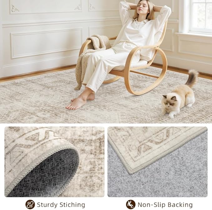Washable Area Rugs 2x3: Neutral Living Room Bedroom Carpet Brown | Vintage Boho Soft Small Indoor Decor Floor Non-Slip Low Pile Neutral Farmhouse Entryway Laundry Bathroom Bedroom Beside Rugs