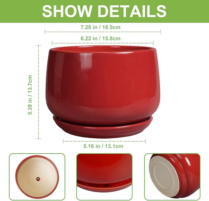 G EPGardening Ceramic Planter 7 Inch - Flower Pots for Indoor Plants, Round Planter with Drainage and Ceramic Tray, Modern Plant Pot, Bathroom Decor, Teacher Gifts, Red