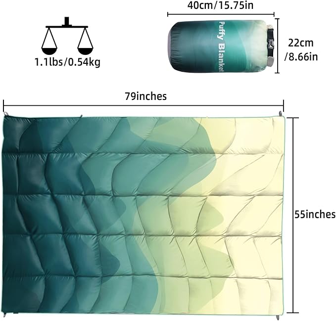 Outdoor Puffy Camping Blanket, Lightweight Down Alternative Printed Large Ultra Warm Quilt Waterproof for Traveling Picnic Beach Party Cold Weather (Green Mountain)