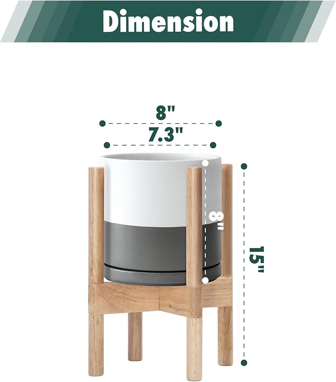 D'vine Dev Ceramic Planter with Natural Stand - 8 Inch Modern Round Flower Pot with Wood Planter Holder, White/Grey, 55-B-N-6