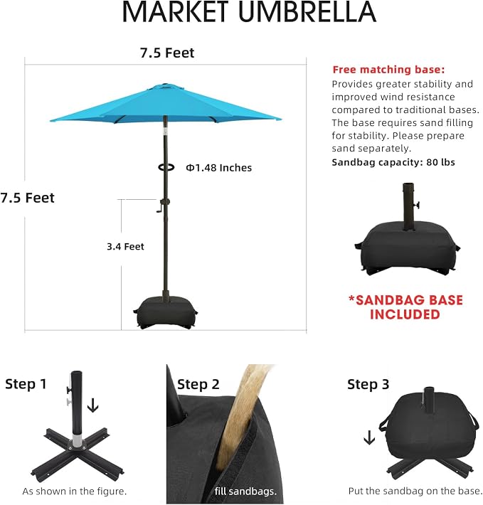 wikiwiki 7.5FT Patio Umbrella with Base, Outdoor Umbrellas with Base Included, 6 Sturdy Ribs, Waterproof Fade Resistant POLYESTER DTY Canopy for Deck, Lawn, Garden, Backyard & Pool, Sky Blue