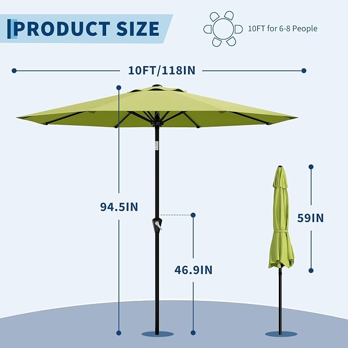 GarveeLife 10FT Umbrella Outdoor Patio, Table Umbrella with Push Button Tilt and Crank, 8 Sturdy Ribs Waterproof UV Protection for Garden, Pool, Deck, Backyard, Market (Fruit Green)