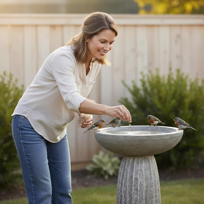 SunJet Modern Bird Bath, 24.4inches Height Fibre-Reinforced Concrete Birdbath with Textured Pedestal for Outdoor Garden, Yard, Lawn Decor