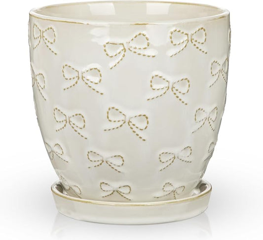 Hollyone 6 Inch White Ceramic Planter Flower Plant Pot with Drainage Hole and Saucer for Plants Embossed Indoor Outdoor Garden Embossed Ceramic Glazed Round Pot for Succulent Orchid Bow Pattern